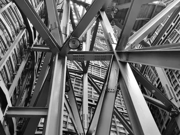 Structural steel framework seen from below