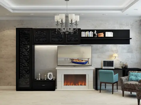 Living room with electric fireplace and built-in shelving